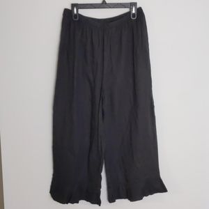 Flax Linen Black Flowy Ruffle Bottom Crop Pants